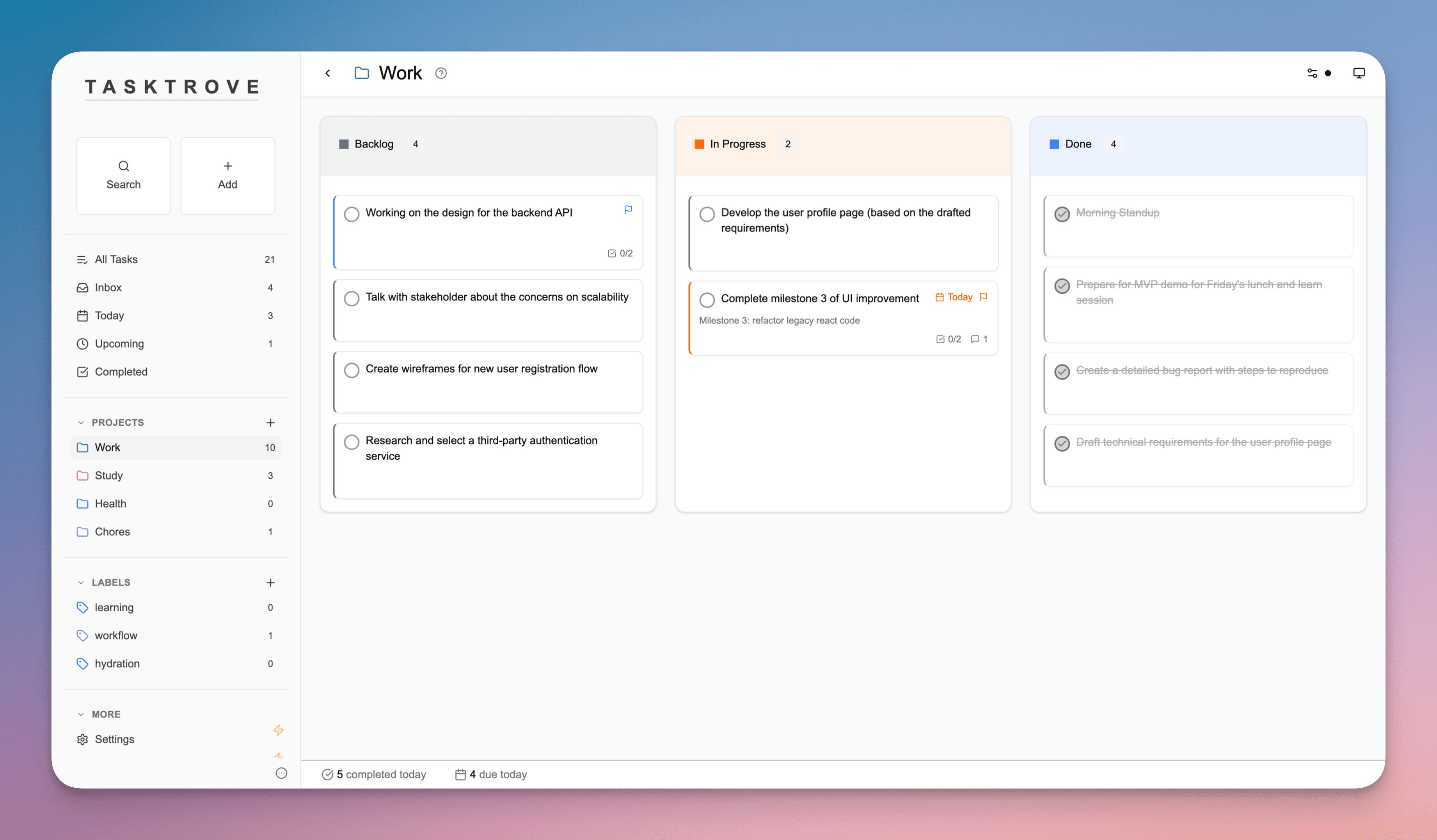 TaskTrove Kanban Board - Visual workflow management with drag-and-drop functionality